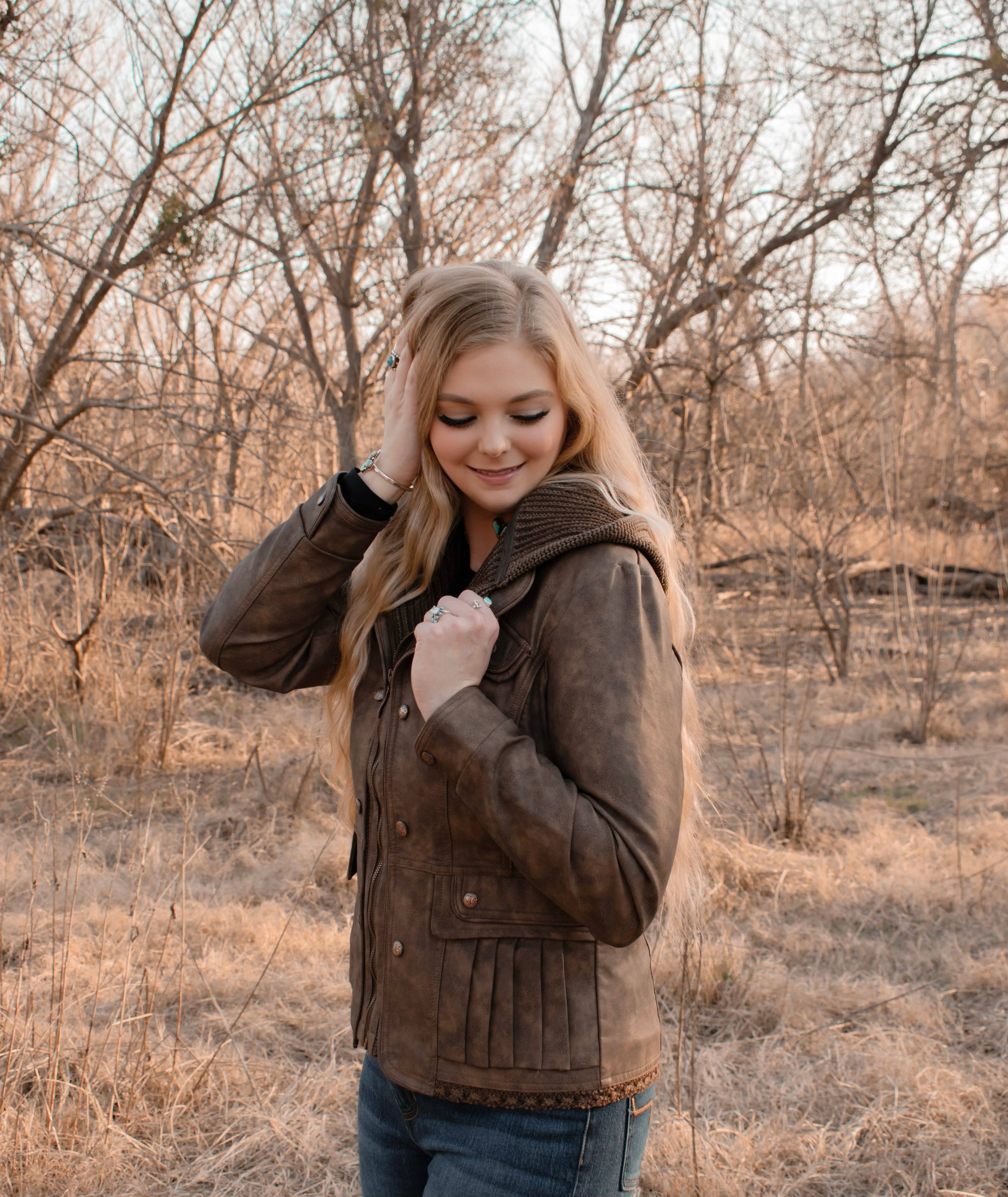 Brown Ladies Poly Faux Leather Fahion Jacket - with Plate and Knit for wholesale on Faire2
