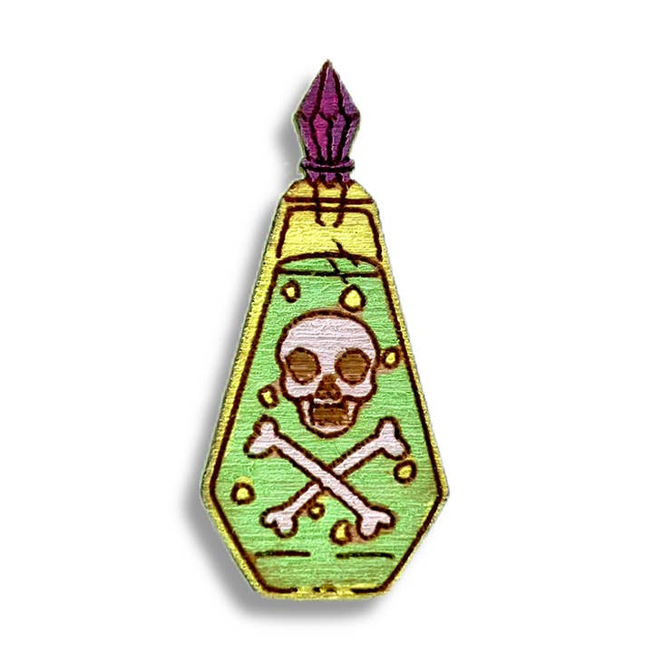Wood Poison Bottle Pin for wholesale by Brave Wimp