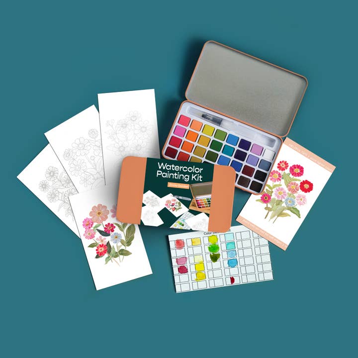 Zinnia Garden watercolor painting kit for wholesale by Cate Paper Co.