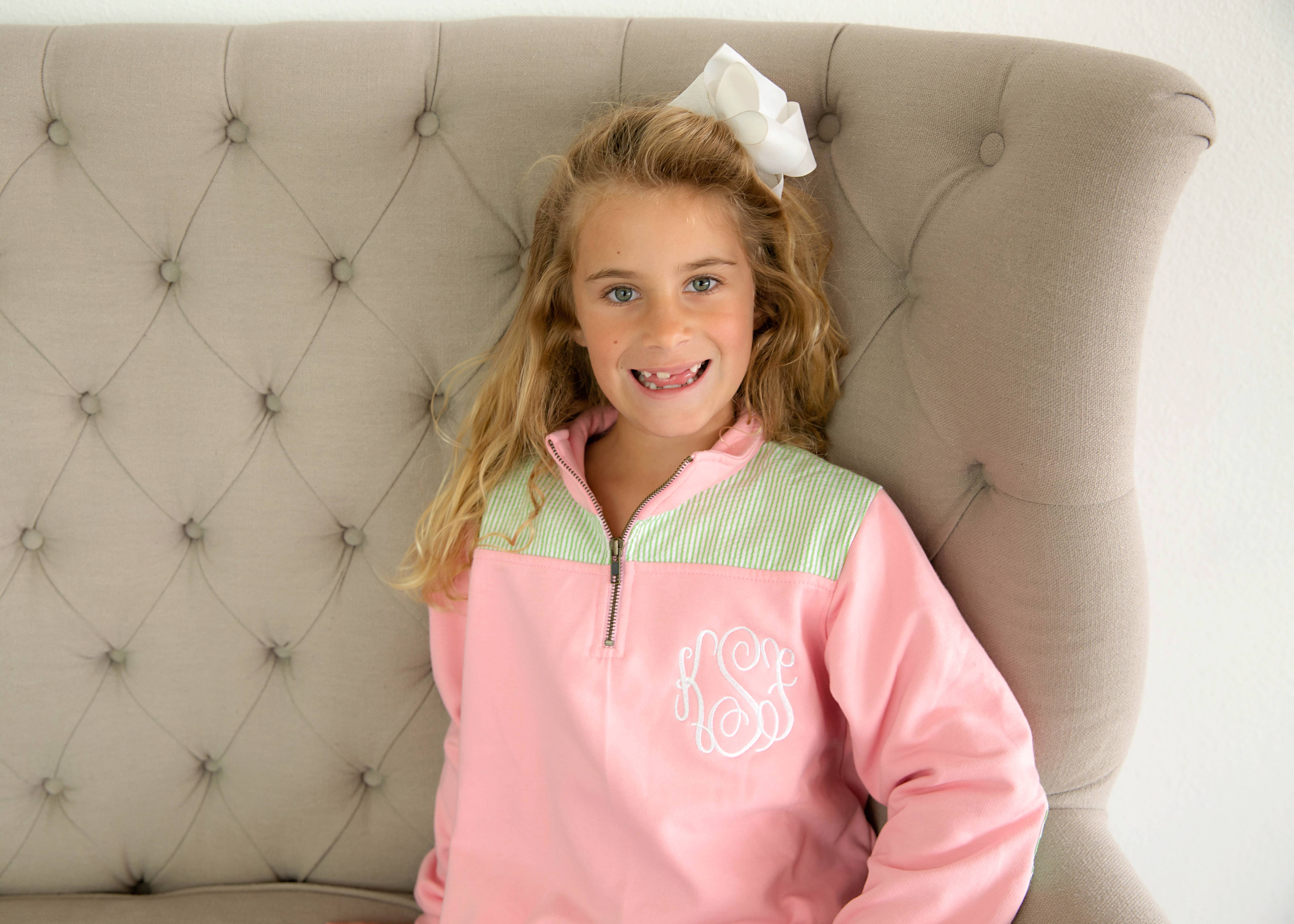 Love That Cotton – wholesale Sweatshirt - Kids – Youth Miller Pullover - Light Pink with Green Seersucker