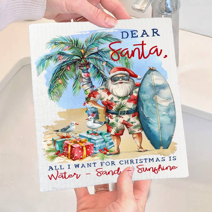 Coastal Dear Santa Christmas Beach Swedish Dishcloth for wholesale by Avery Lane Gifts