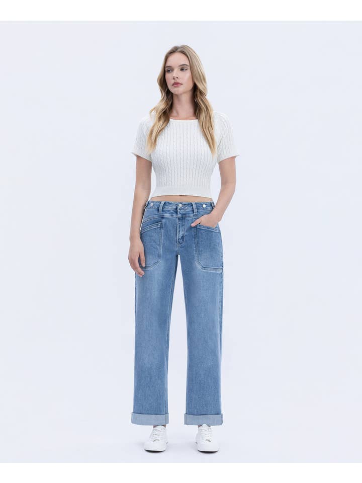 MULTI LOVE HIGH RISE TAB WAISTBAND CUFFED SLIM WIDE JEANS T6700 for wholesale on Faire2