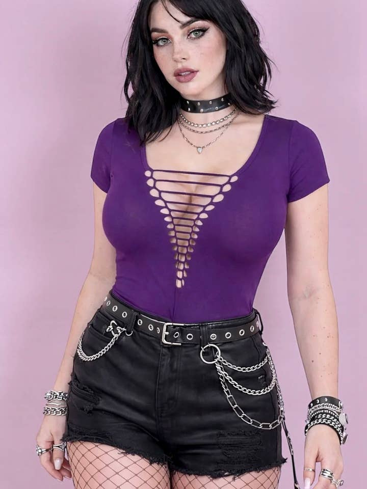Purple Moon Slashed Goth Festival Concert Tee for wholesale by Demi Loon