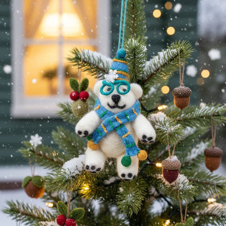 Handmade Felt Cosmo the Polar Bear Xmas Decoration for wholesale by Felt So Good
