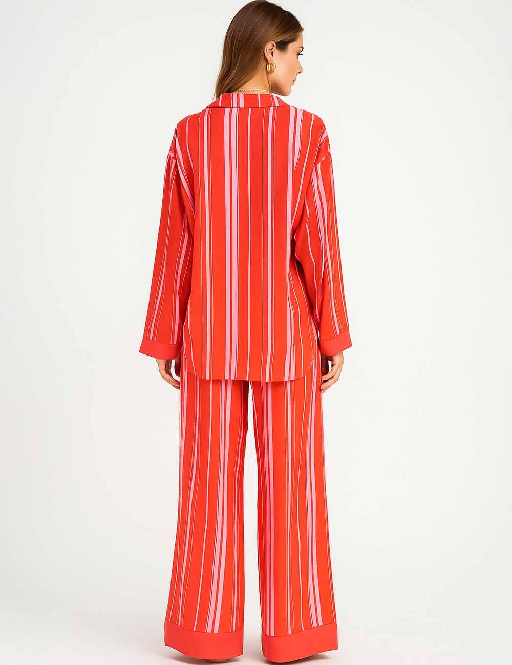Red Ladies Striped Long Sleeves Top & Pants Lounge Set SKST5K26 for wholesale on Faire7