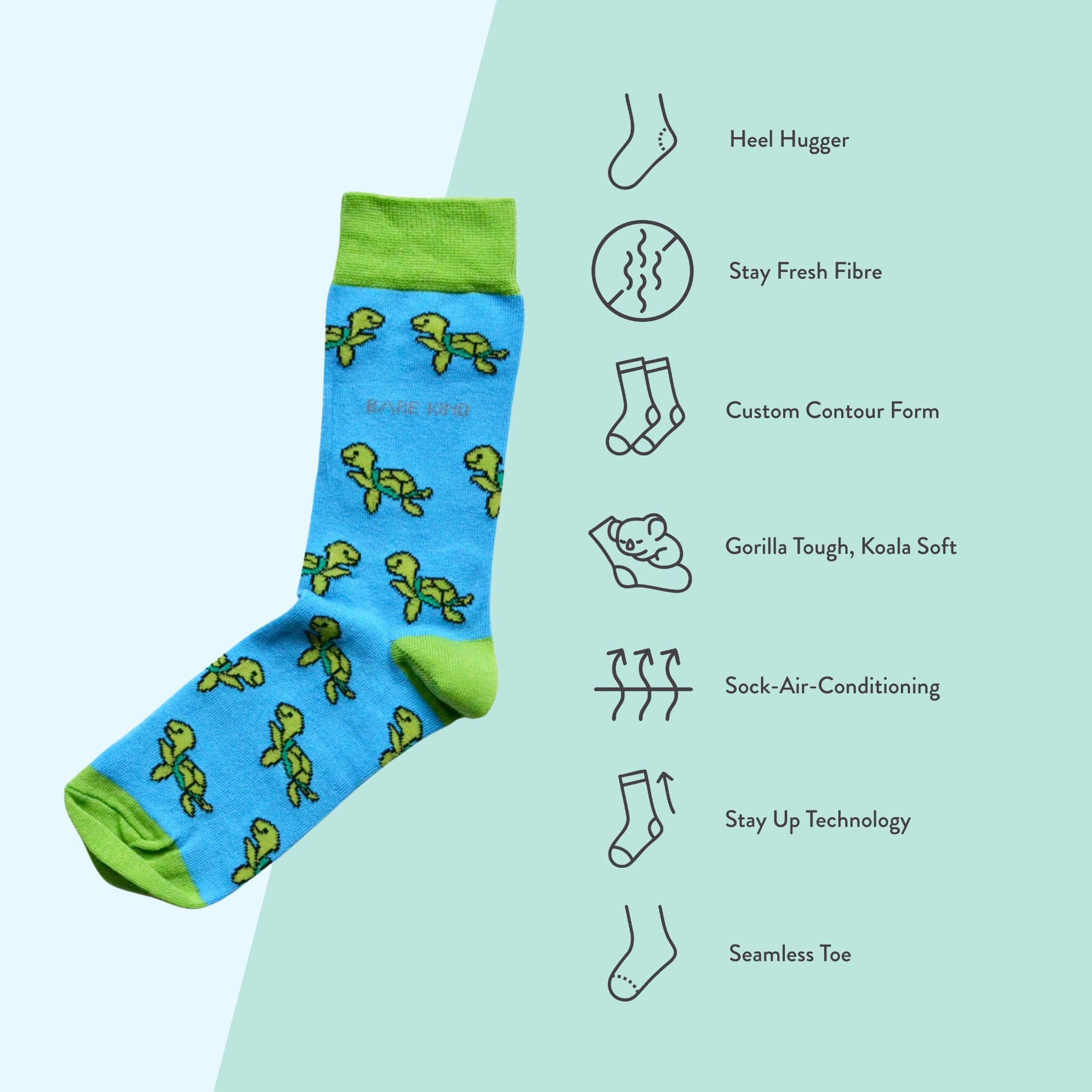 Bare Kind Socks - Vente Chaussettes – unisexe - Chaussettes Tortue en Bambou bleu aqua | Collection Océan6