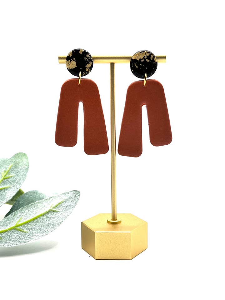 Black Gold Flaked Burnt Red Asymmetric Clay Dangle Earrings for wholesale by Sunrise and Sage Studio