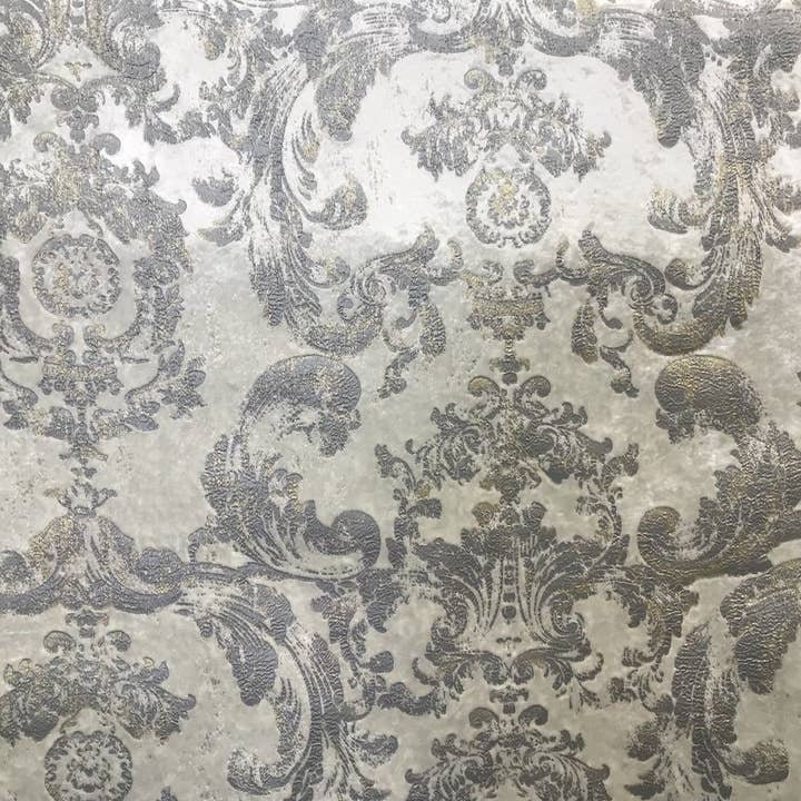 Fancy Styles Fabric – wholesale Fabric – NEW! Queen Renee Antique Inspired Burnout Velvet Damask Fabric - White W/ Silver & Gray