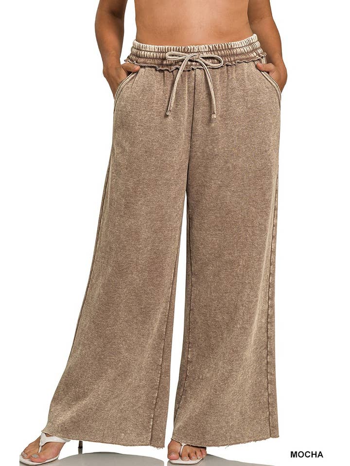 Vanilla Monkey - Vendita all'ingrosso Pantalone - Donna - Pantaloni della tuta palazzo in pile lavaggio acido con tasche Plus6