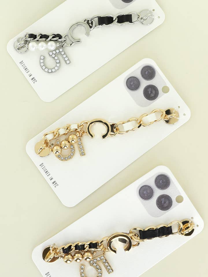 Rhinestone Pave "5" Beaded Leather Chain Phone Strap Set for wholesale by SP Sophia Collection