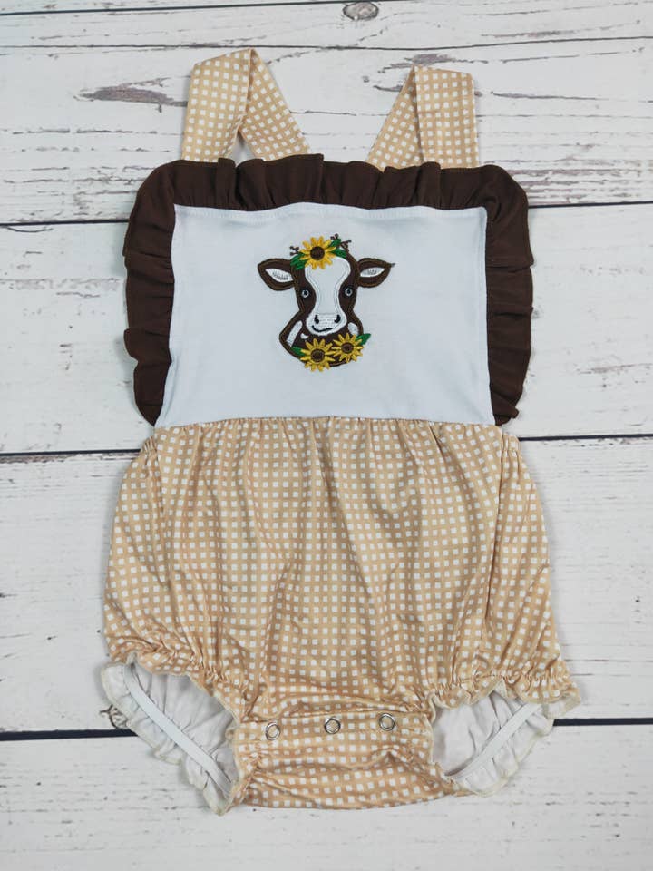 Cow Sunflower Appliqué Girls Onesie for wholesale by sassy kids palace