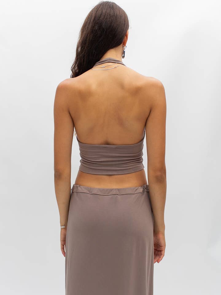 Zoey Top Halter Neck Cropped Knit Top Sable Viscose Spandex for wholesale on Faire