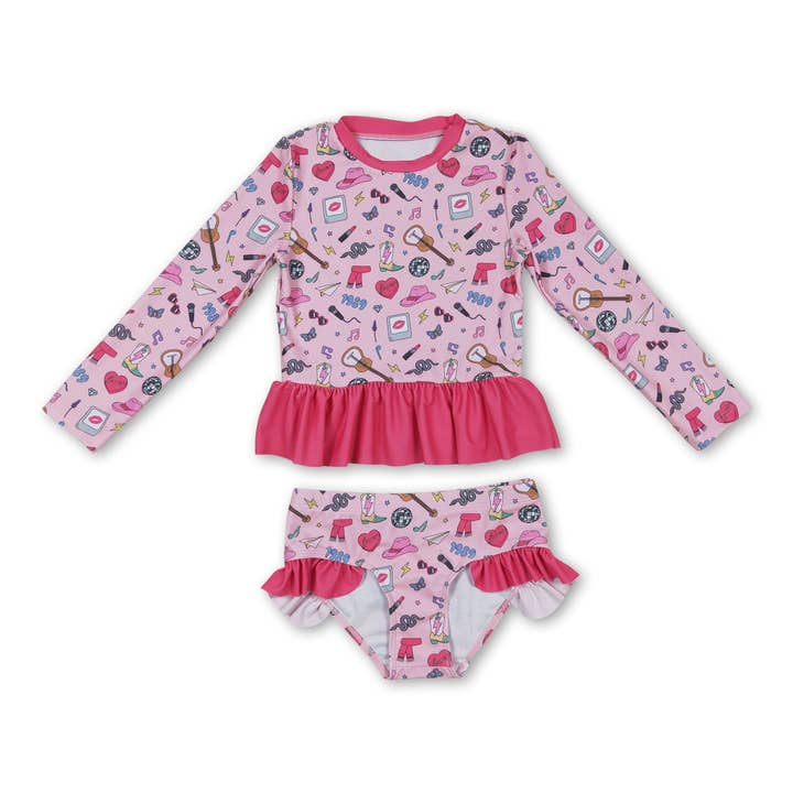 Yawoo Garments - Wholesale Two Piece Swimsuit - Kids - Pink long sleeves guitar 2 pcs singer girls swimwear