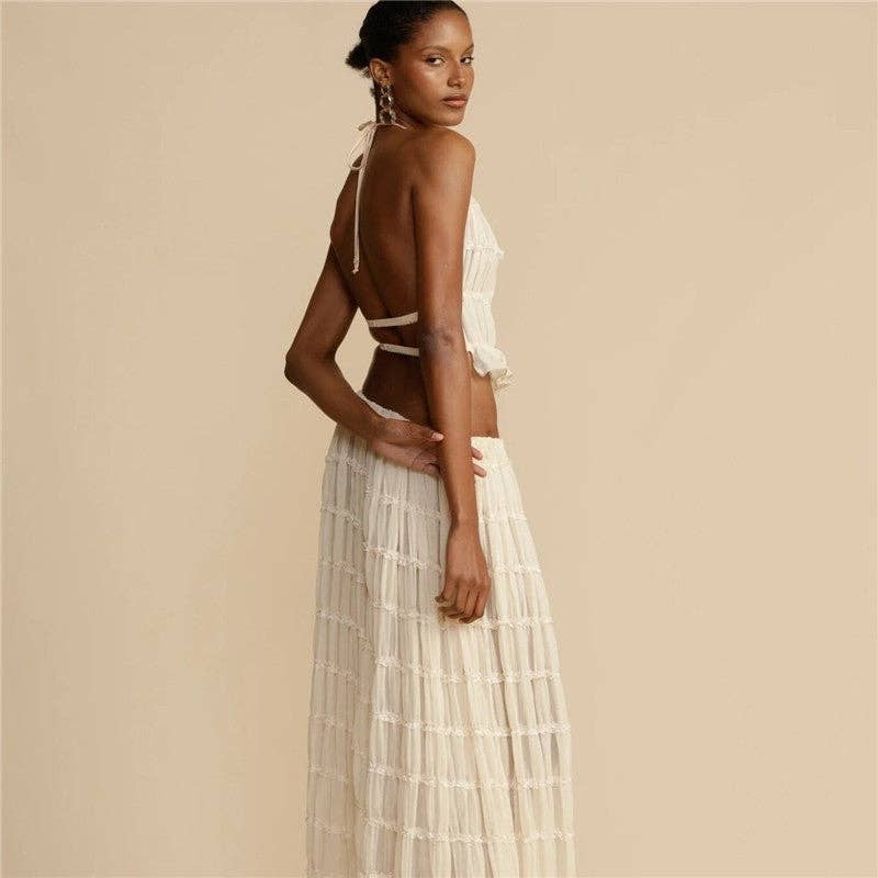 FurDecoration – wholesale Top & skirt set – Women's – Solid Color Backless Hanging Neck Halter Dress Set3