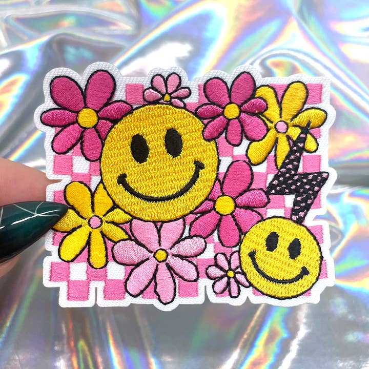 Retro Pink Checkered Flowers Iron On Patch for wholesale by The Crafty Engineer