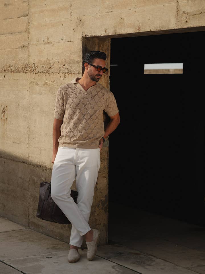 DONATO - Vendita all'ingrosso Polo - Uomo - CAMICIA POLO A COLLO APERTO CON DESIGN GEOMETRICO COLOR TORTORA3