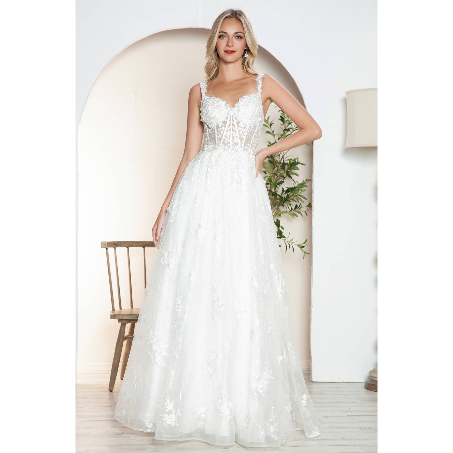 OFF WHITE JT2495AW 3D floral ballgown with sheer corset bodice for wholesale on Faire6