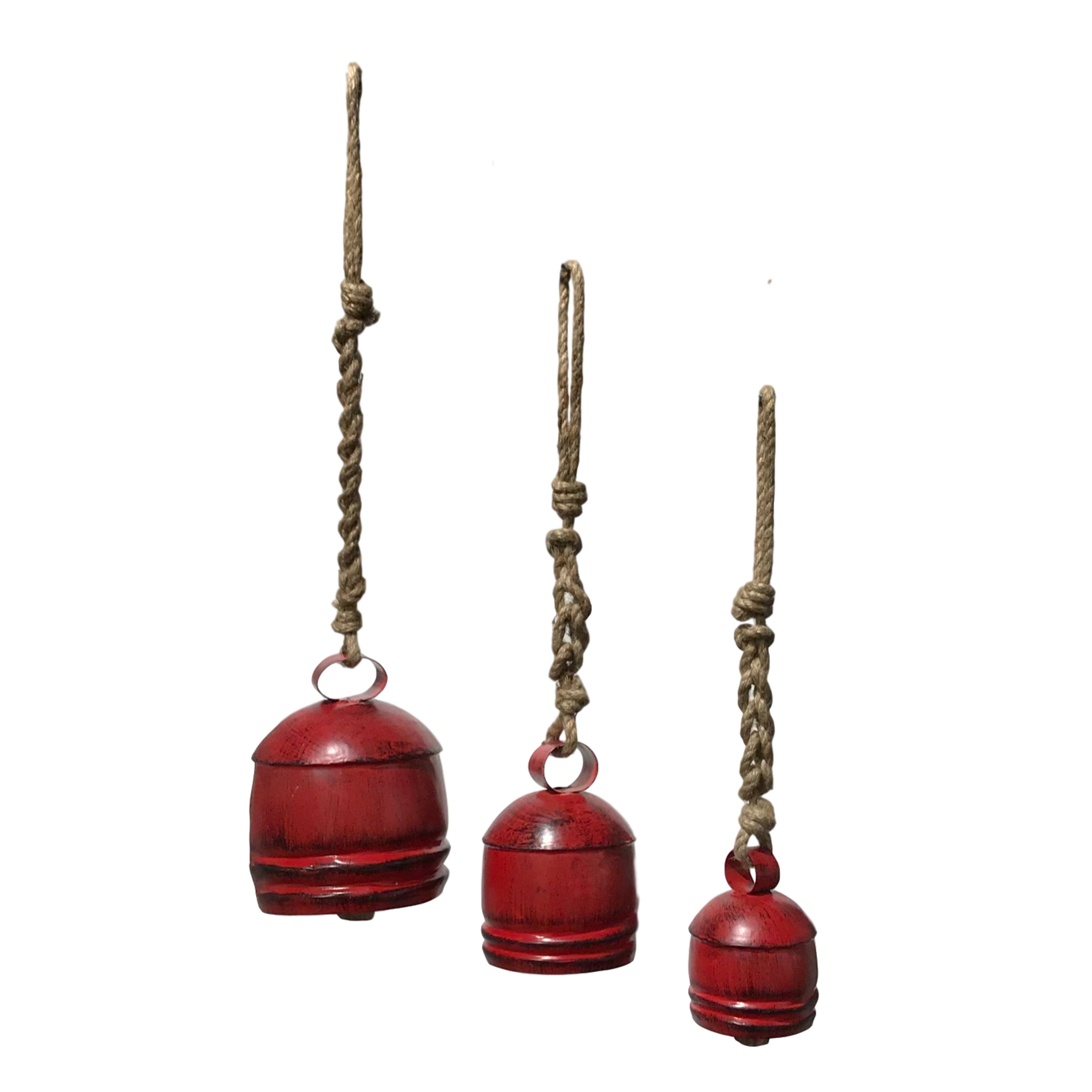 Wilco Home - Wholesale Bell - Set of 3 Christmas Red Hand-Patina Metal Hanging Bells1