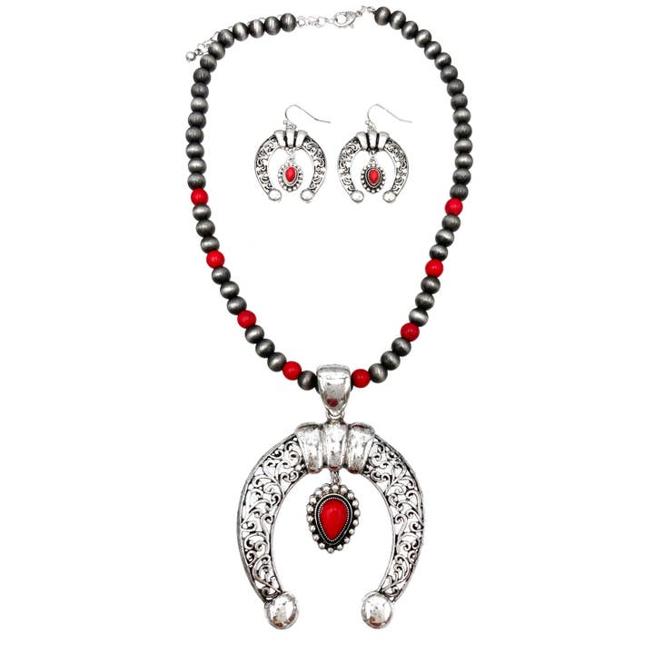 Lunar Deer - Wholesale Jewelry Set - Navajo Red Squash Blossom Pendant Necklace Earrings Set
