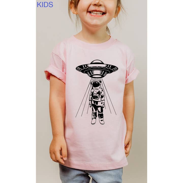 Astronaut Beaming Into Space Ship Kids Graphic Tee for wholesale by Kids By Kissed Apparel
