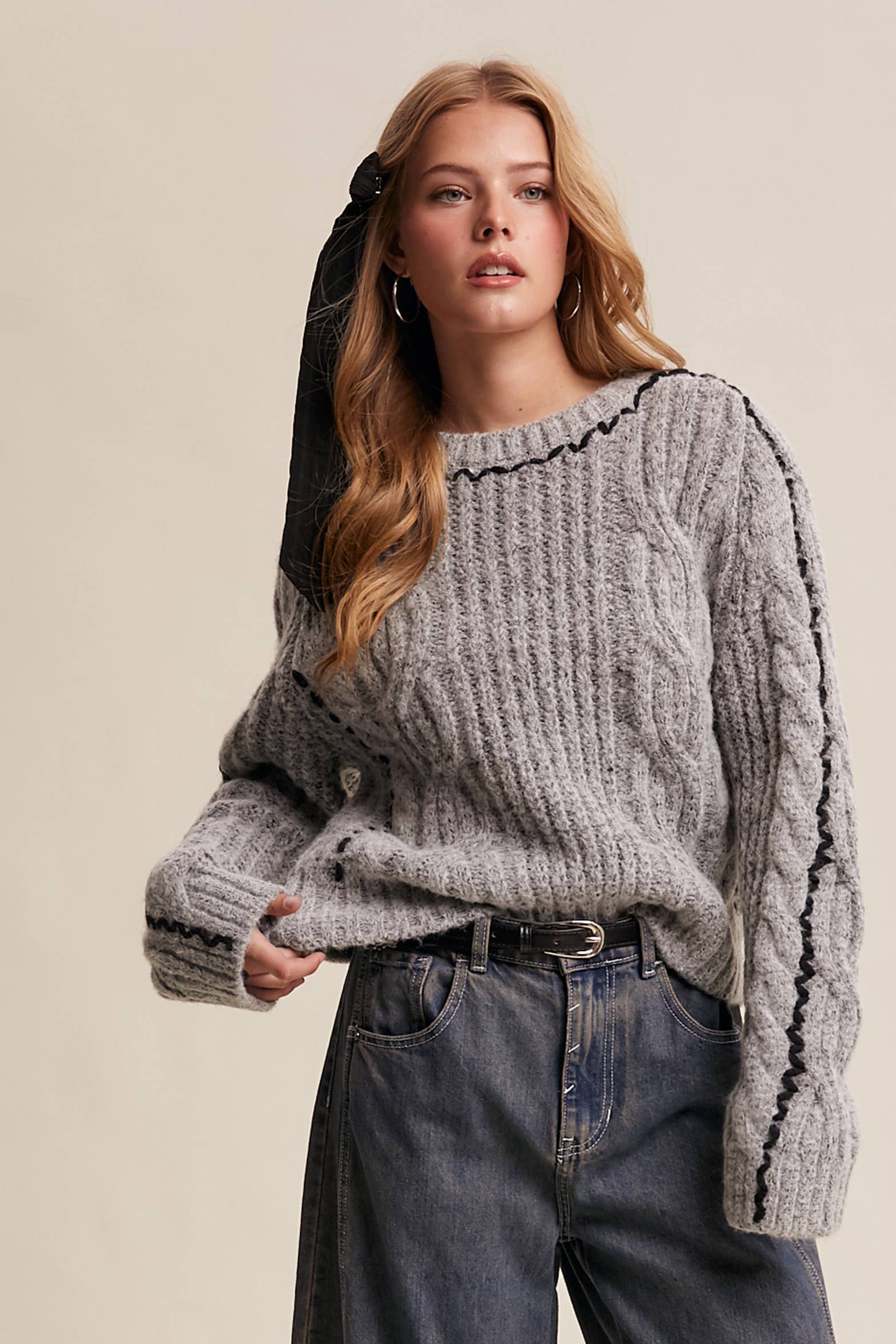 Listicle - Wholesale Knit Sweater - Women's - Contrast Stitch Cable Knit Sweater LSW1013 2
