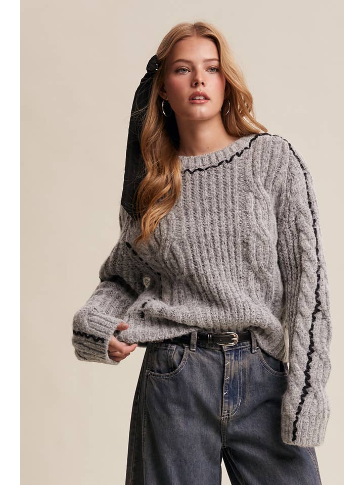 Listicle - Wholesale Knit Sweater - Women's - Contrast Stitch Cable Knit Sweater LSW1013 2