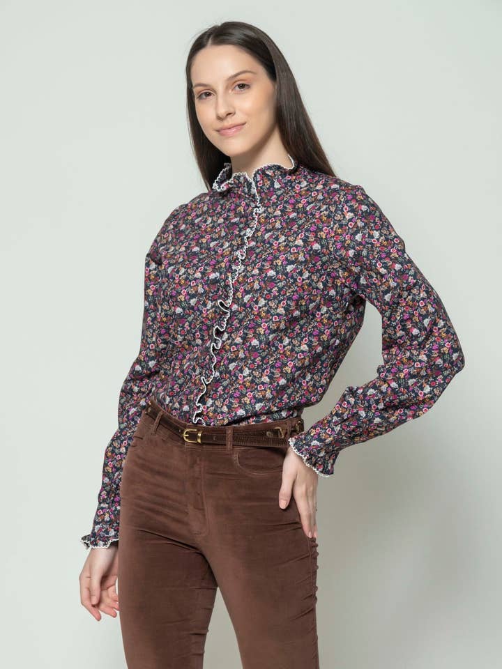 TALIA Black Ditsy Flowers luxury blouse for wholesale by HARTWELL