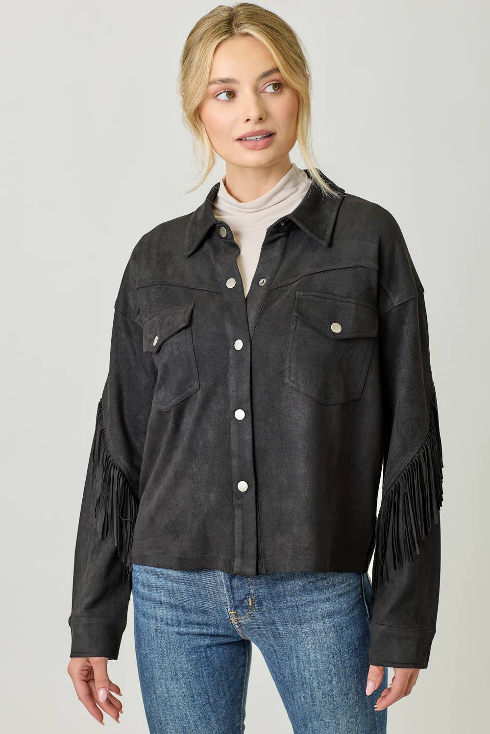 Mystree - Vendita all'ingrosso Giacca a camicia - Donna - 20609 Giacca Camicia in Suede con Dettaglio sul Retro a Frange9