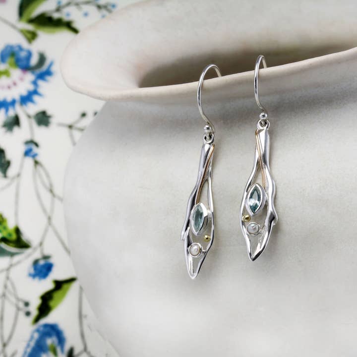 Handmade Silver Drop Earrings with Blue Topaz and Pearl for wholesale by Banyan Jewellery