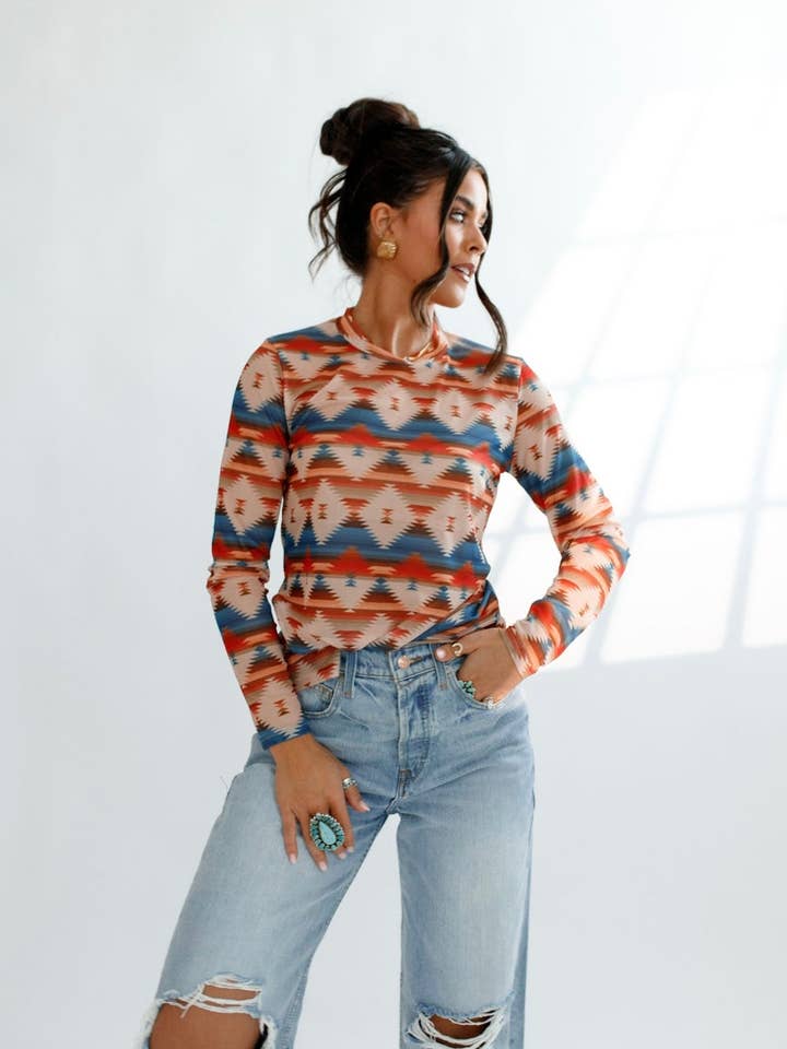 The Front Porch Label - Wholesale Knit Top - Women's - Aztec Sheer Mock Neck Top1
