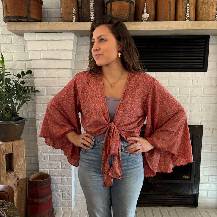 Silk Flutter Sleeve Tie Top | 100% Silk One Size New Prints for wholesale by Seeds