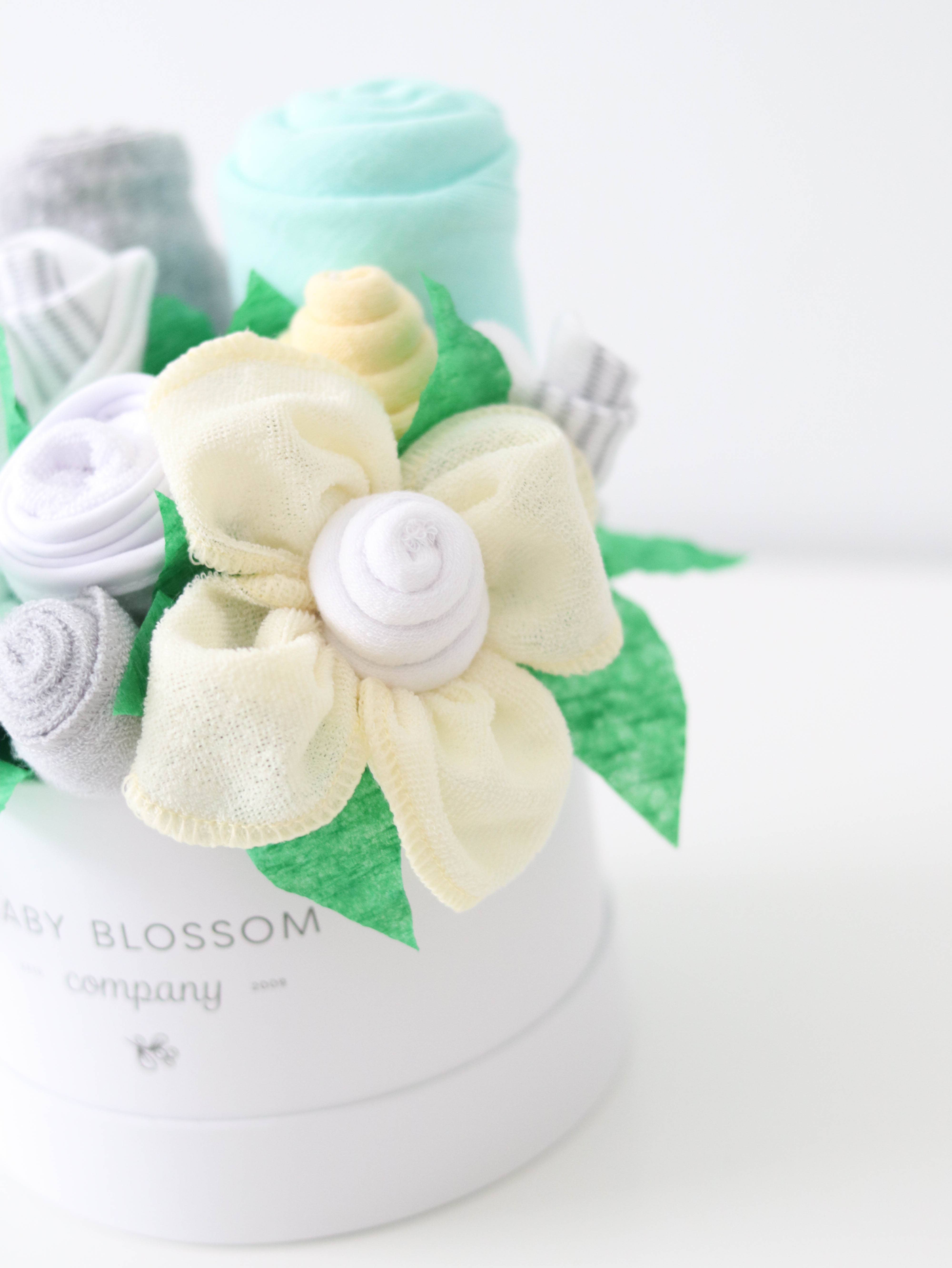 Baby Blossom Company - Wholesale New Mom Gift Box/Set - Petite Neutral New Baby Gift Basket Flower Bouquet - Yellow3