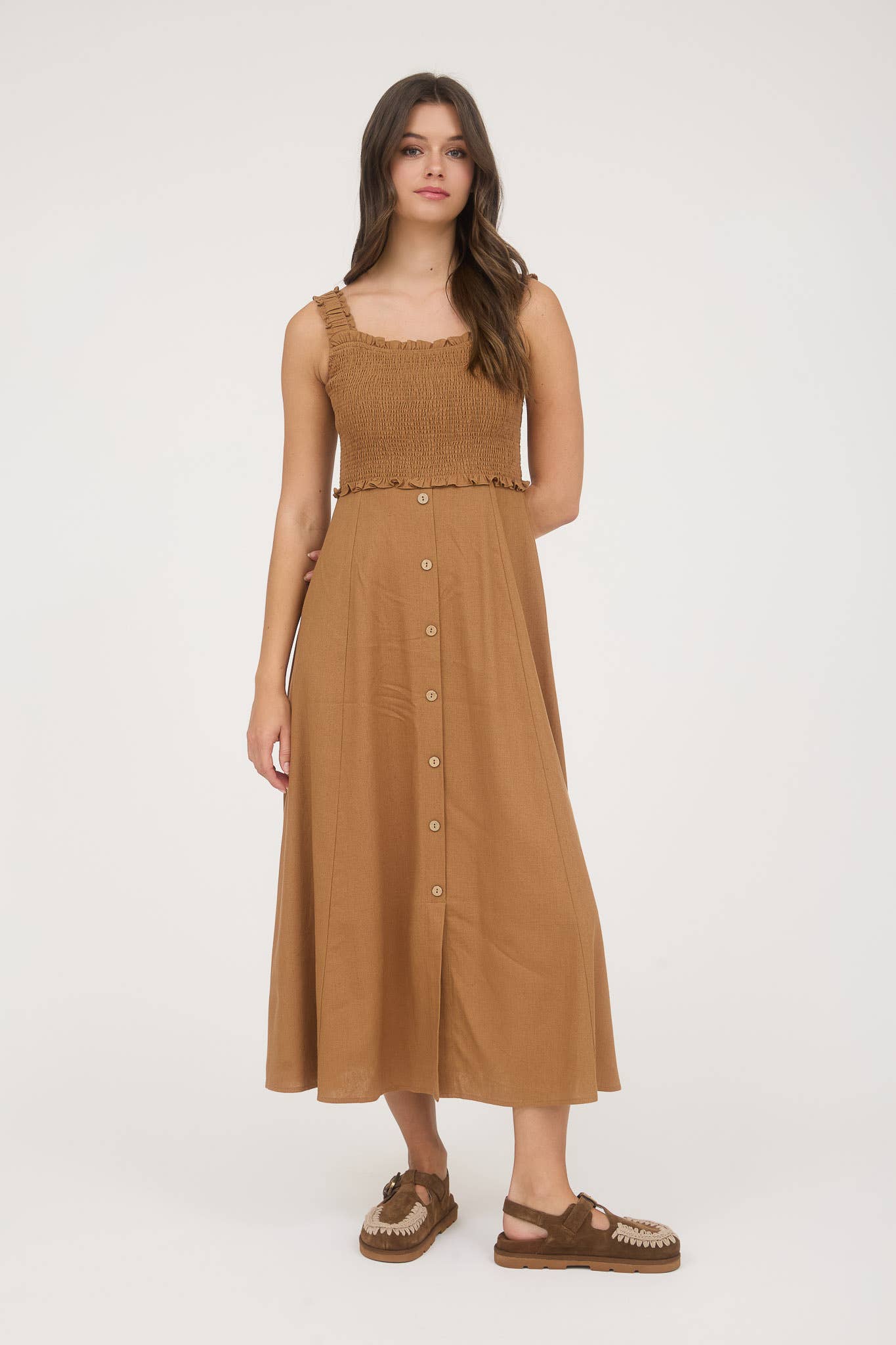 Blu Pepper - Wholesale Jurk - Dames - MIDI-JURK MET SMOCKWERK, MOUWLOOS EN KNOOPSLUITING19