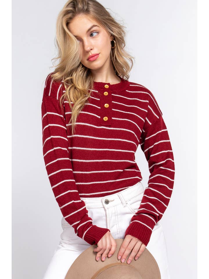 42POPS - Wholesale Knit Sweater - Women's - ,._ SI-24900 FITTED LONG SLV PLACKET STRIPE SWEATER