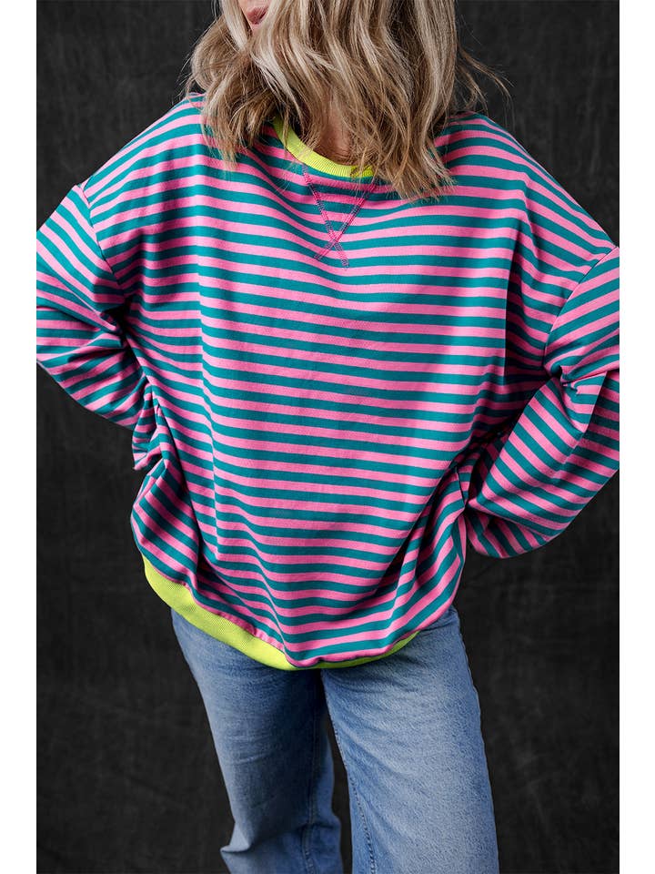 Amaryllis Apparel - Wholesale Sweatshirt - Women's - Stripe Oversized Contrast Trim Pullover Sweatshirt35