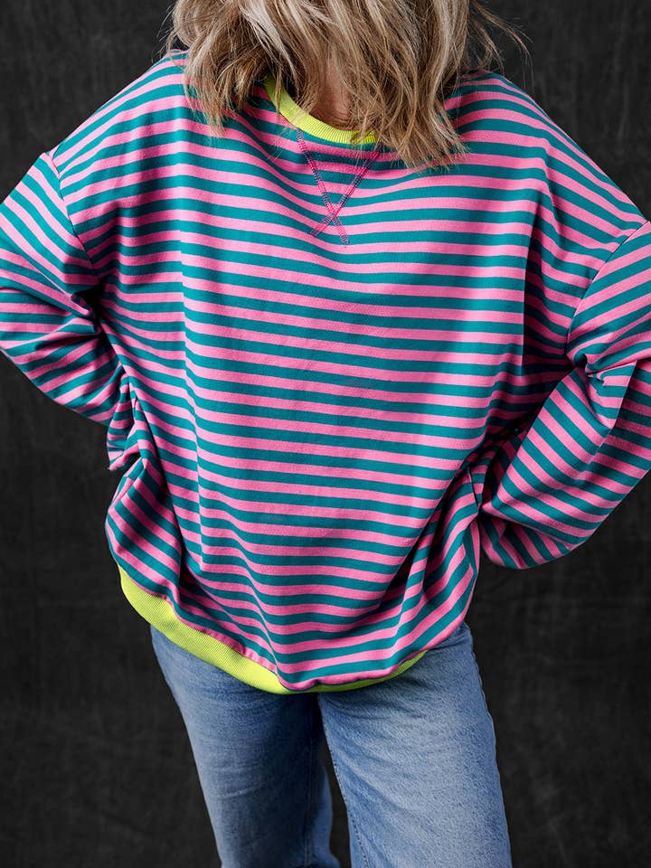 Green Stripe Oversized Colorblock Striped Pullover Sweatshirt for Women for wholesale on Faire3