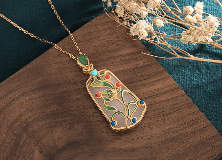 Bright MacMing - Wholesale Pendant/Charm Necklace - Enamel Flowers on Jade Necklace2