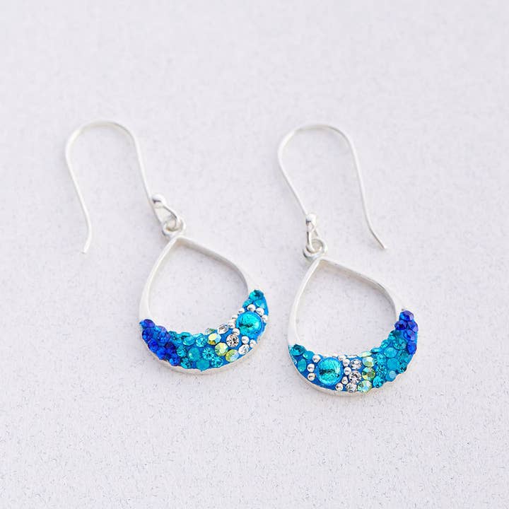 PE-8325 / CRYSTAL & SILVER PETITE ROUND MOON DROP EARRINGS for wholesale by Mosaico Jewels