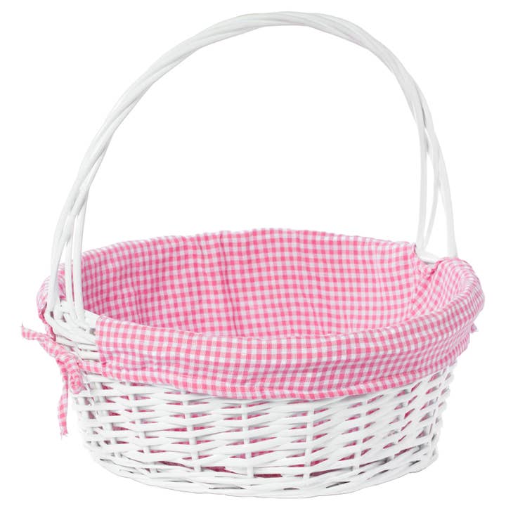 Quickway Imports - Wholesale Basket - White Round Willow Gift Basket, with Gingham Liner & Handle2