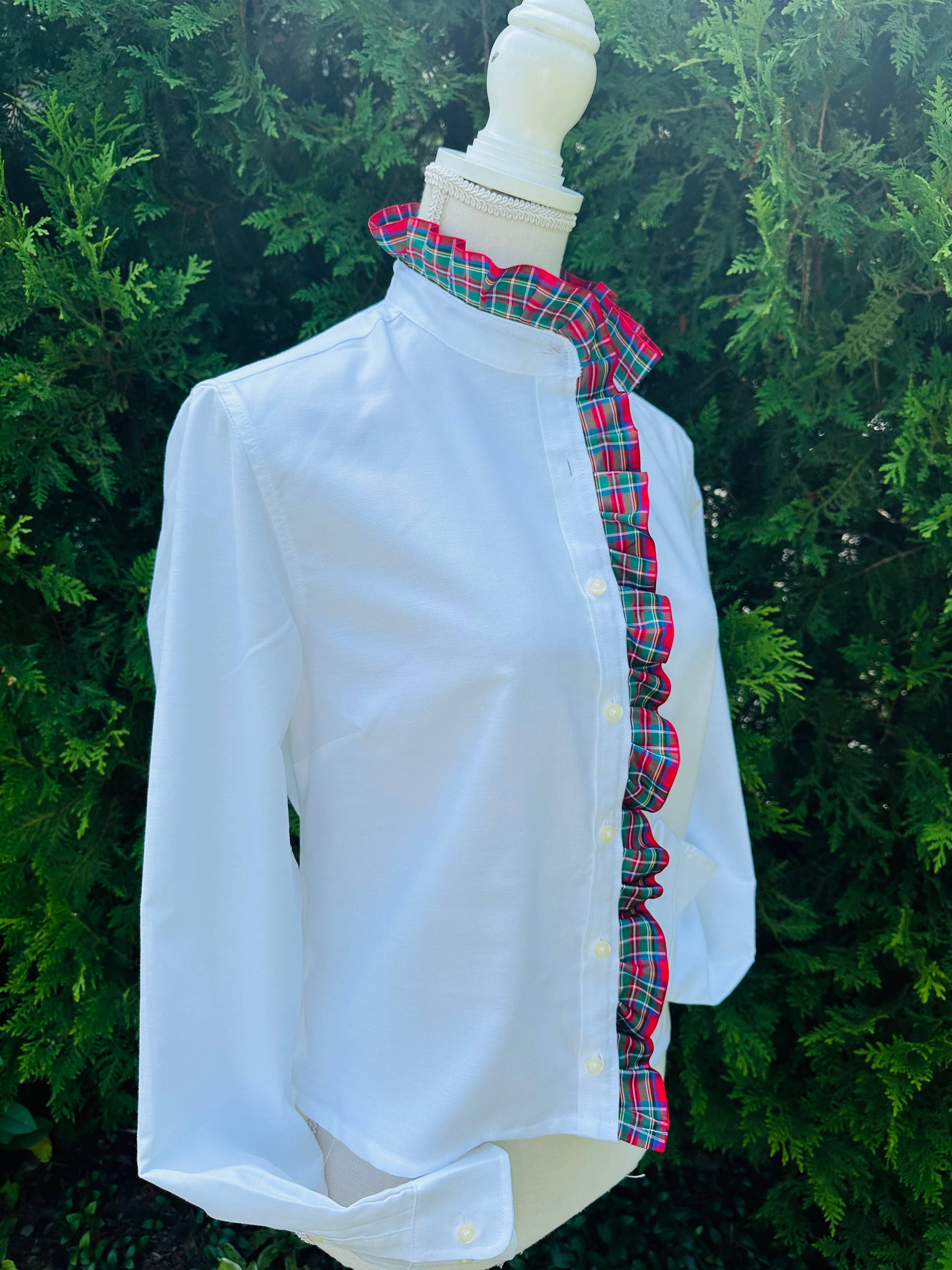 Sophia Holiday Ribbon Untucked Oxford - White w Red Plaid for wholesale on Faire2