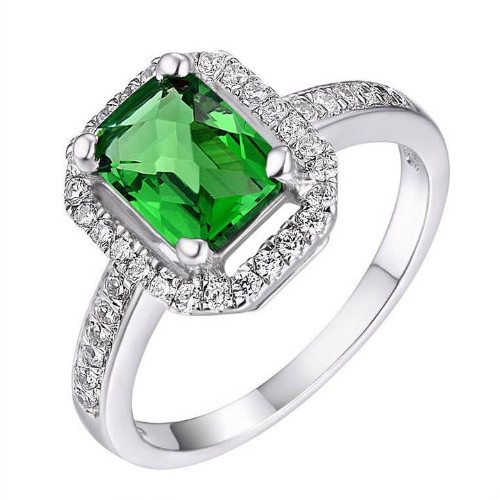 Starburst-Cut Green Helenite Halo Sterling Silver Ring for wholesale by Twan Kee Jewelry
