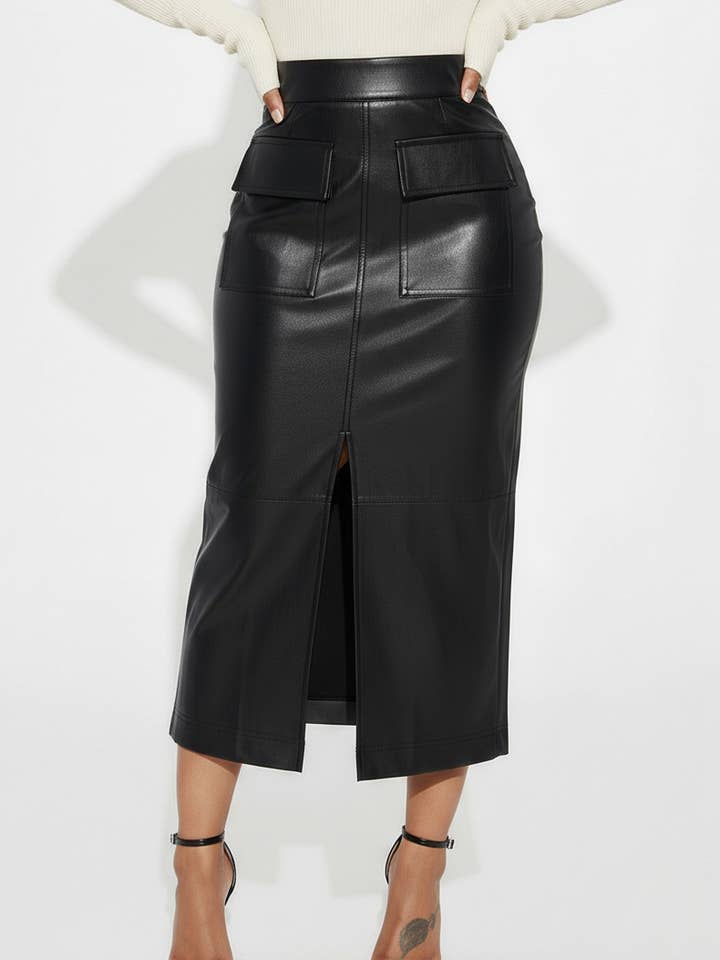 CARGO POCKETS FRONT SLIT PU PLEATHER MAXI SKIRT for wholesale by 5besties inc