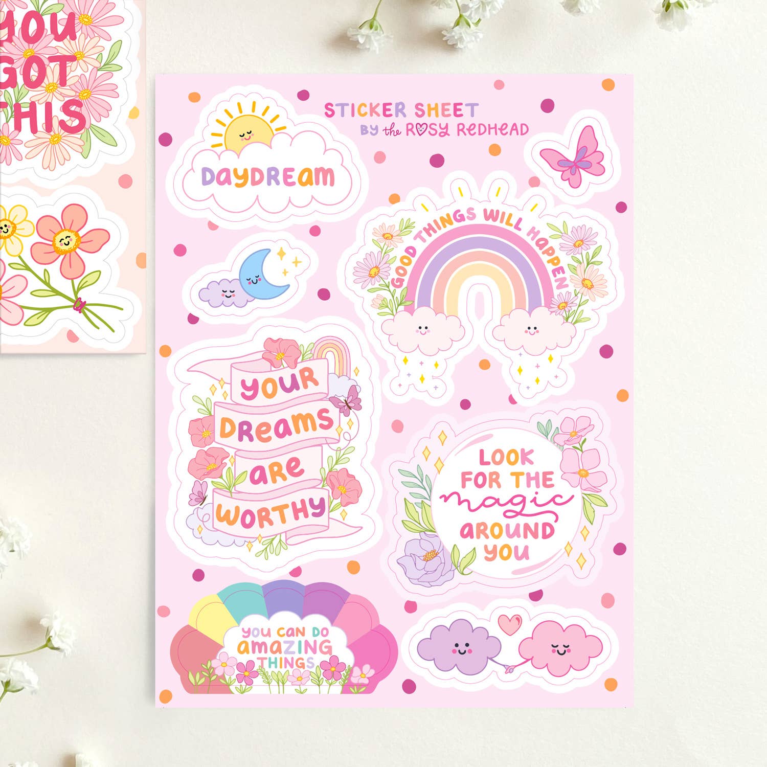 The Rosy Redhead - Wholesale Sticker - Daydream Cute Glittery Positivity Waterproof Sticker Sheet6