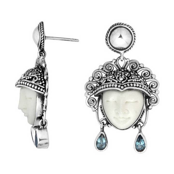 SE-5638-CO2 Sterling Silver Bone And Blue Topaz Quartz Carved Face Drop Earrings – Wholesale Collection for wholesale by Bali Designs