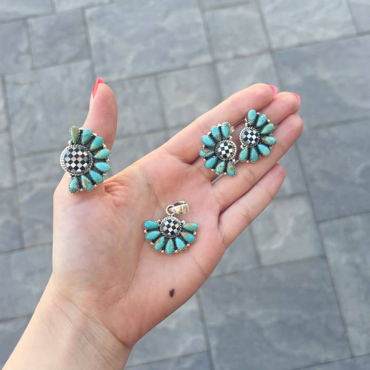 Krush Kandy - Wholesale Jewelry Set - Turquoise & Checkered Pendant, Ring & Earrings | PREORDER NOW OPEN