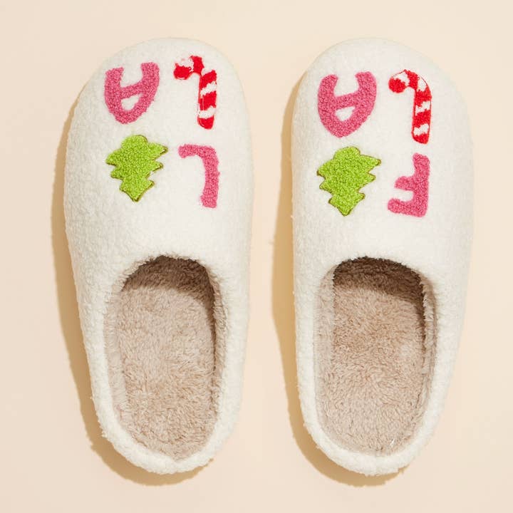 Pink ‘FALALALA’ Tree Fuzzy Home Slippers for wholesale on Faire
