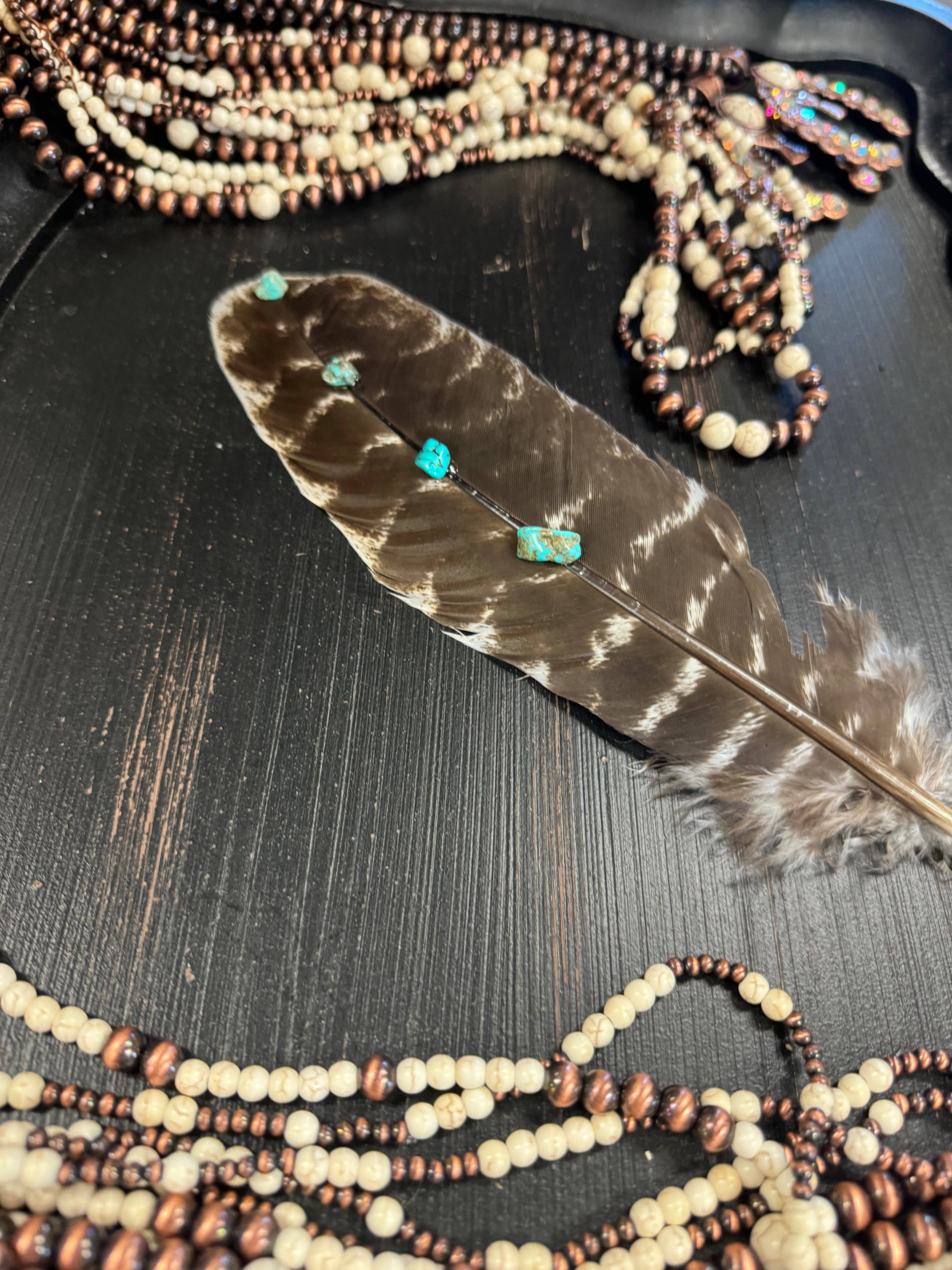 Wildflowers and Barley - Wholesale Feathers - Hand-Studded Natural Barred Turkey Feather with Turquoise Howlite4