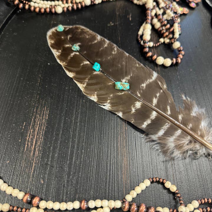 Wildflowers and Barley - Wholesale Feathers - Hand-Studded Natural Barred Turkey Feather with Turquoise Howlite4