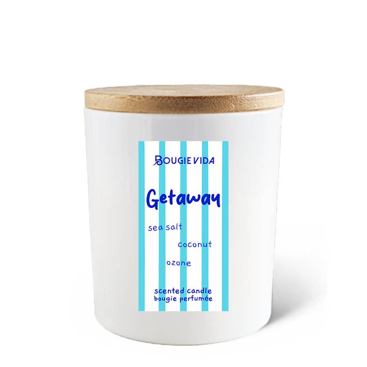 Getaway 8 oz Soy Signature Glass Candle for wholesale by Bougie Vida