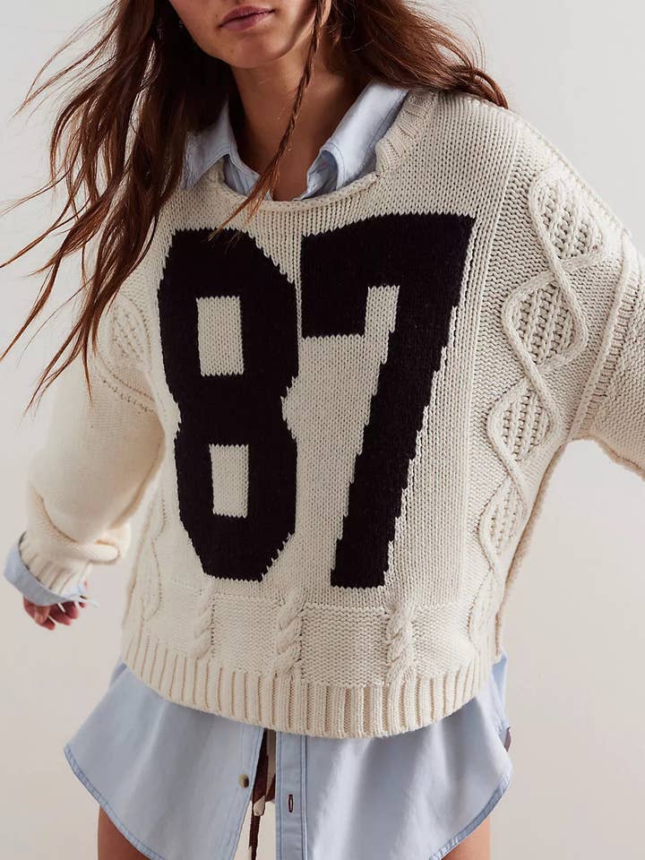 Anna Kaci Wholesale - Wholesale Knit Sweater - Women's - Cropped Cable-Knit 87 Graphic Sweater1